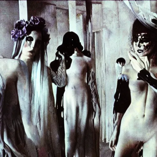 Image similar to 3 5 mm color photography, joel - peter witkin, beksinski, and stephen gammell, vogue shoot video still of giallo fashion show