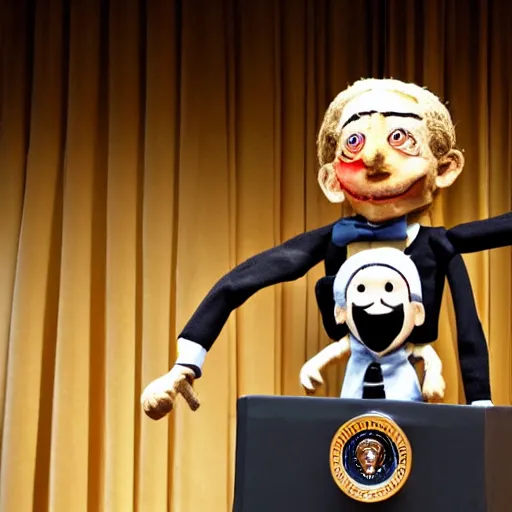 Image similar to puppeteer using marionette of a president in a podium