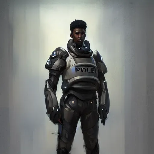 Image similar to portrait of a man by greg rutkowski, he is about 2 0 years old, mixture between afroamerican and japanese, afro hair, young, very tall and slender, he is wearing a futuristic police gear, highly detailed portrait, digital painting, artstation, concept art, smooth, sharp foccus ilustration, artstation hq