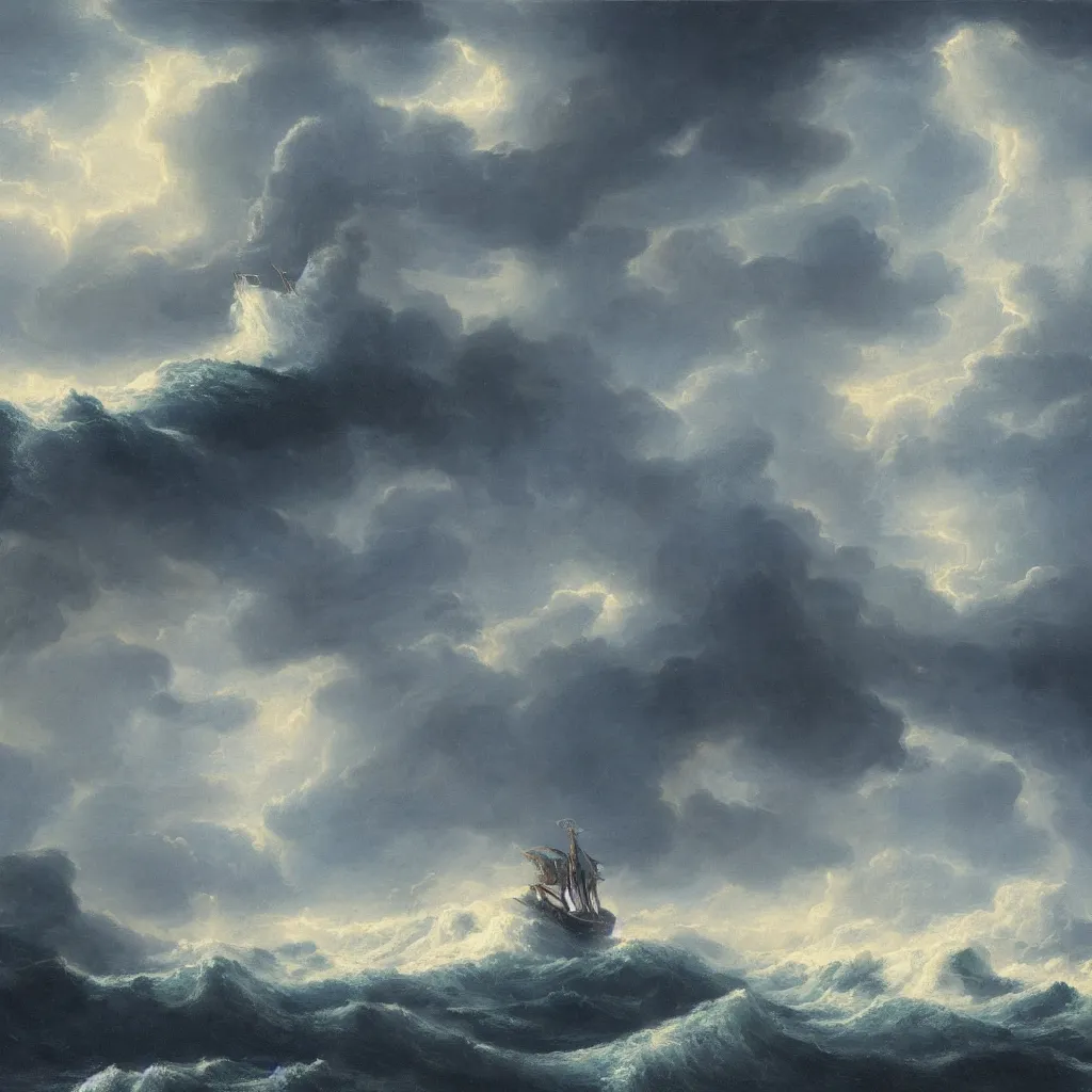 Prompt: a fantasy landscape of a kraken in a stormy sea, giant waves, lightning in the background, small boat, oil painting, 4 k