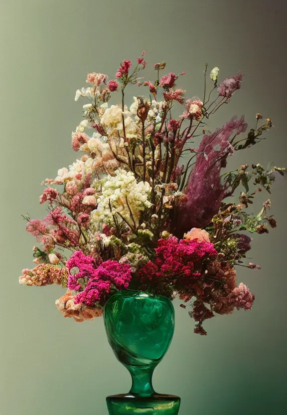 Image similar to a floral bouquet made out of gemstone crystals, in an elaborate jade vase sitting in a gloomy candlelit cabin under a narrow spotlight, hyperrealism, shot on film