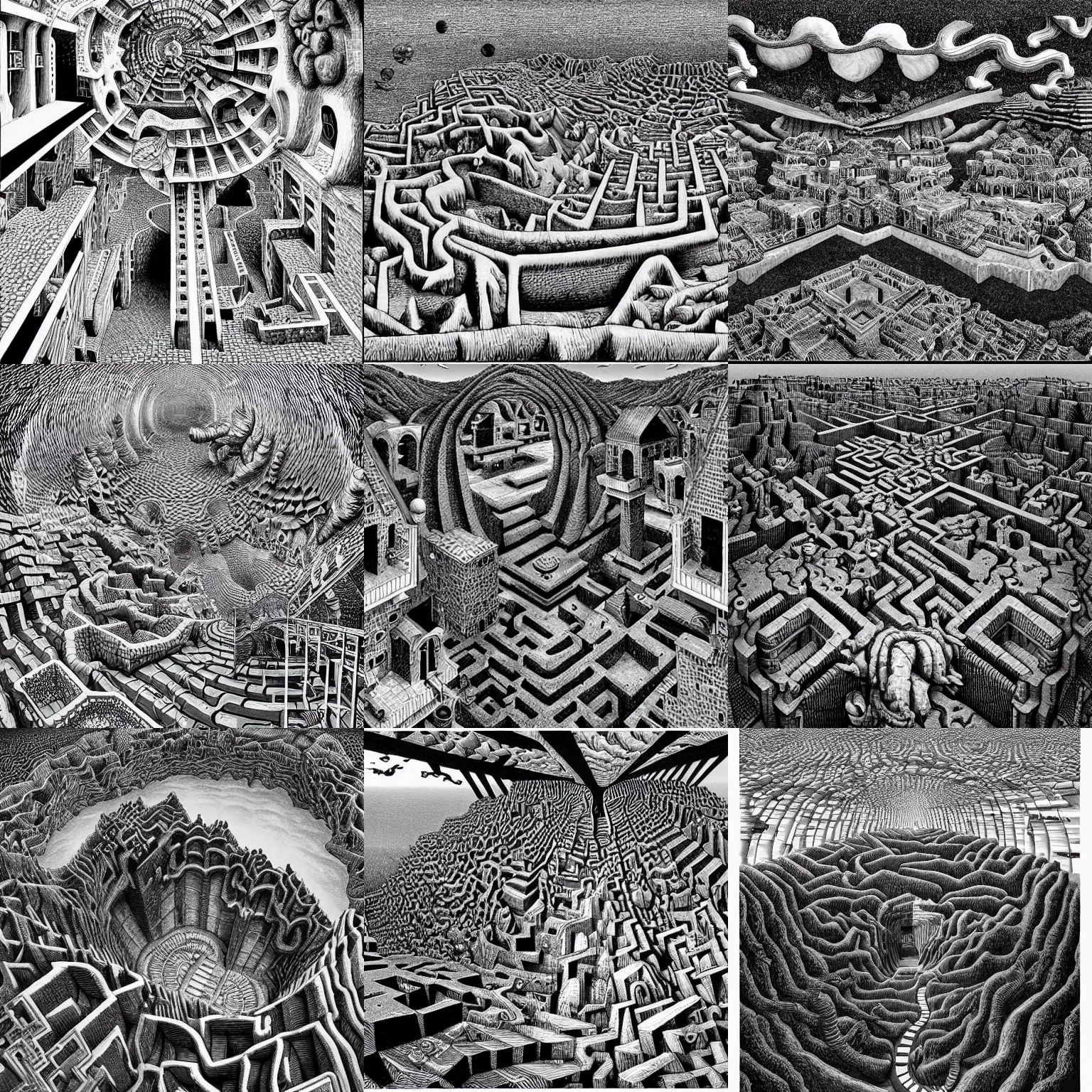 Prompt: the end of civilization, Surrealism, 4K, highly detailed isometric wonderland viewscape labyrinthe demogorgon B&W by MC Escher