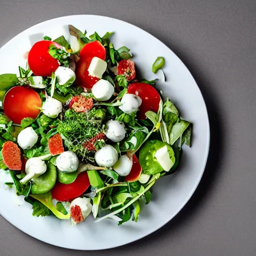 Prompt: a giant salad that is the size of a building, with mozzarella and a lot of sauce, small people around, culinary art photography, award winning photography