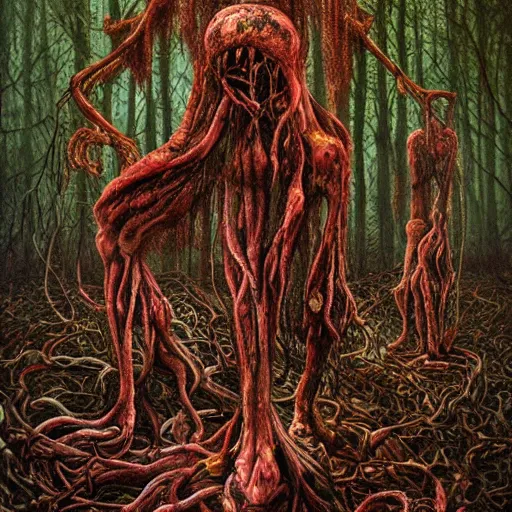 Image similar to forest of human bodies and viscera by godmachine keith thompson horror art psychedelic trippy messy viscera visceral bodies death horror creepy faces organic forests