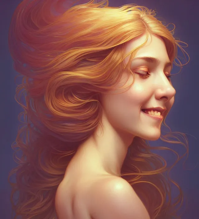 Image similar to symmetry!! portrait of hippie girl smiling, glowing hair!! serene, intricate, elegant, highly detailed, digital painting, artstation, concept art, smooth, sharp focus, illustration, art by artgerm and greg rutkowski and alphonse mucha, 8 k