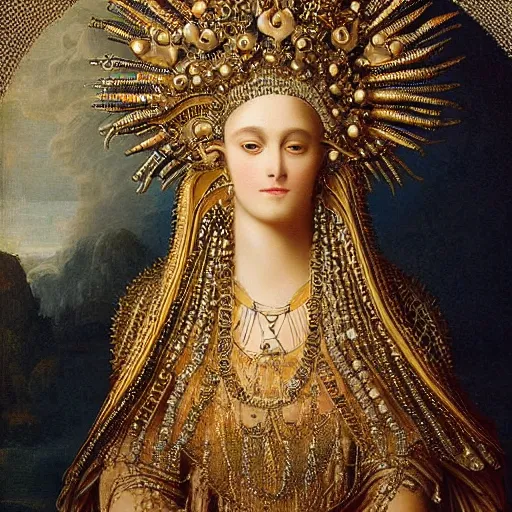 Prompt: portrait gracious saint, ornate headdress, behind craving filigree carved out of ivory, draped with spikes, flowing robes, intricate insanely detailed