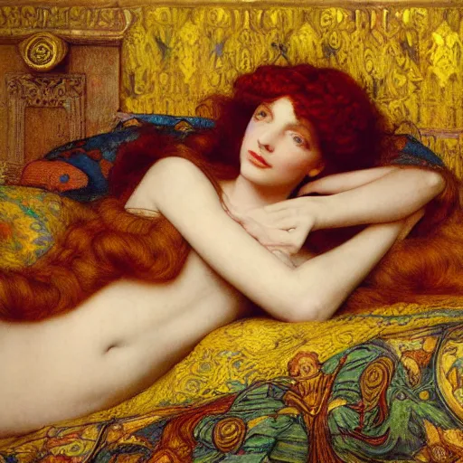 Prompt: preraphaelite photography reclining on bed, a hybrid of judy garland and a hybrid of lady gaga and nicole richie, aged 2 5, big brown fringe, wide shot, yellow ochre ornate medieval dress, john william waterhouse, kilian eng, rosetti, john everett millais, william holman hunt, william morris, 4 k