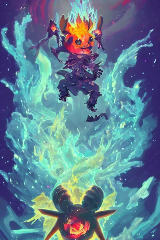 Image similar to the look of pikachu, necromancer witch - doctor covered with ice exploding into fire, electricity highly detailed, high contrast, light reflection, trippy, nebula, trending on artstation by artgem, by peter mohrbacher, by wlop, by ruan jia