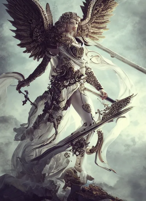 Image similar to high intricate porcelain baroque angelic warrior fighting the army of the demon lord, maria panfilova, andrea savchenko, mike kime, ludovic plouffe, qi sheng luo, oliver cook, trending on artstation