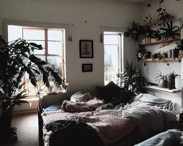 Image similar to a photo of a cosy bedroom, filmic, vhs, 9 0 s footage, relaxing, houseplants