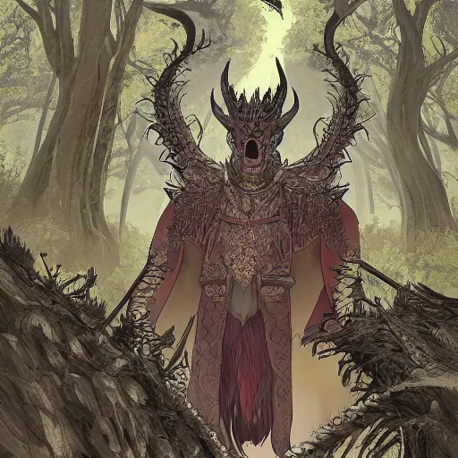 Image similar to concept art painting of an anthropomorphic dragon king with black robes, a long neck, and skull mask, in a deep forest, cel shaded, in the style of makoto shinkai and james gurney and studio ghibli and moebius