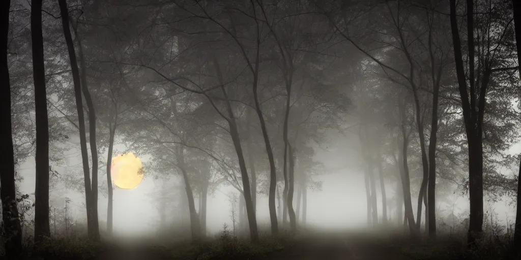 Prompt: road between tall trees, night, fog, cold light, moon