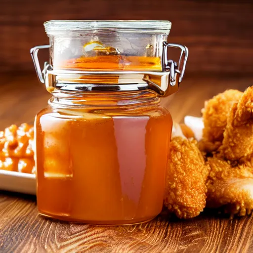 Prompt: chicken honey, honey with fried chicken floating inside the jar, we make our honey fresh with batches of chicken, food product promo, studio photography