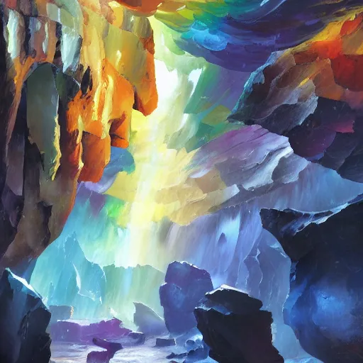 Prompt: A huge cave full of rainbow color crystals and gems on the ground, and stuck to the walls made of huge grey boulders, very dark, midnight, oil painting by Afremov and Greg Rutkowski.