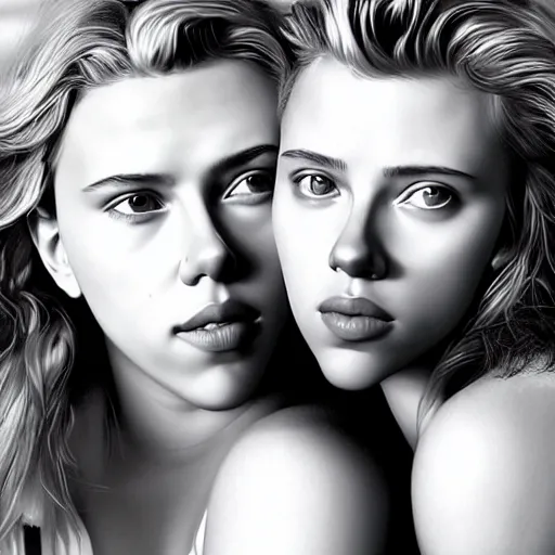 Image similar to intricate beautiful hyperreal portrait of a young scarlett johansson and young scarlett johansson, smiling softly, casual clothes, relaxing on the couch, home interior, golden hour, close up shot, 8 k, art by irakli nadar, hyperrealism, hyperdetailed, ultra realistic