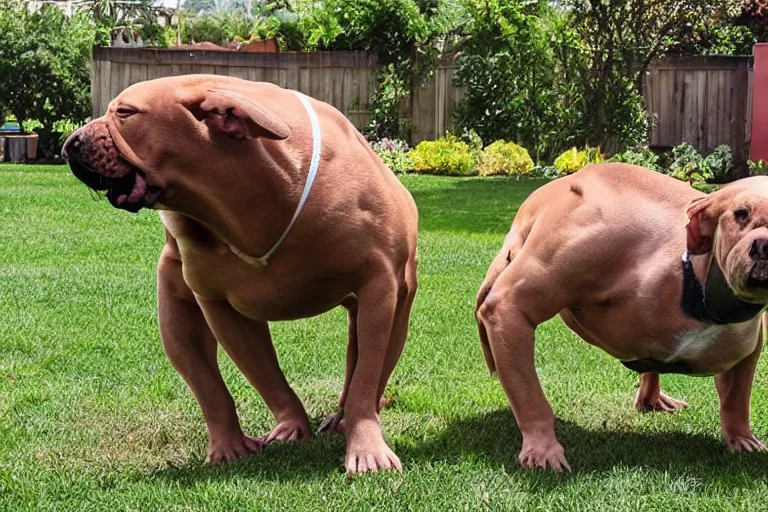 Prompt: strong muscle bull dogs posing in the yard