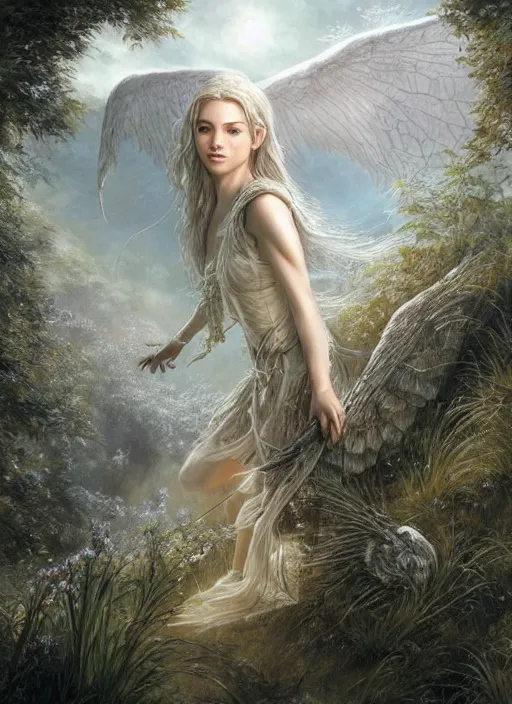 Image similar to full body portrait of a beautiful women with wings of lace in a lord of the rings scenery landscape, by artgerm, sunny day, highly detailed, perfect lighting, perfect composition, 4 k, by alan lee, by derek zabrocki, by greg rutkowski