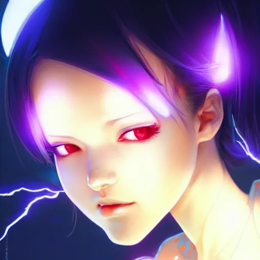 Image similar to cute girl electrocuted, sparks, lightning, occlusion shadow, specular reflection, rim light, unreal engine, range murata, artstation, pinterest, art by hiroaki samura and ilya kuvshinov and rossdraws, intricate, highly detailed 8 k, art deco illustration, realistic, extremely beautiful shape of face, neck, shoulders eyes