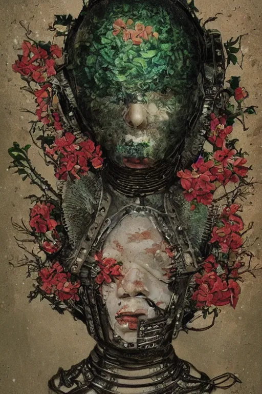 Prompt: portrait of beautiful young mainem, warhammer, japaneese style, cyber armor, a lot of more scars, more and more flowers, green head, the middle ages, highly detailed, artstation, illustration, art by rene magritte, 8 k quality