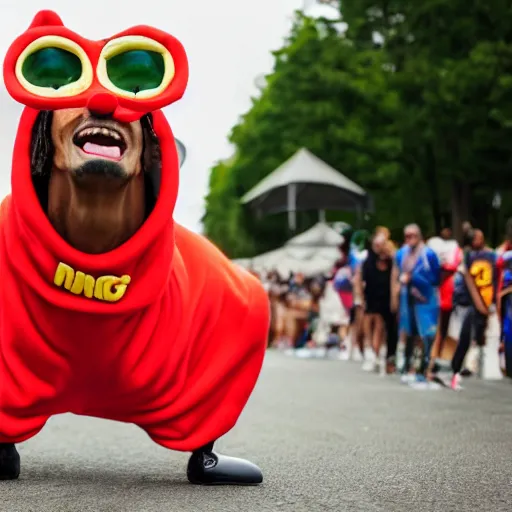 Image similar to photo of snoop dog in a hotdog costume, 8 k