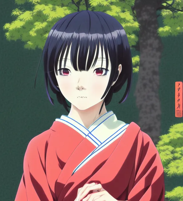 Image similar to anime visual, portrait of a japanese woman in traditional clothes outside a temple, cute face by ilya kuvshinov, yoshinari yoh, makoto shinkai, katsura masakazu, dynamic perspective pose, detailed facial features, kyoani, rounded eyes, crisp and sharp, cel shad, anime poster, ambient light