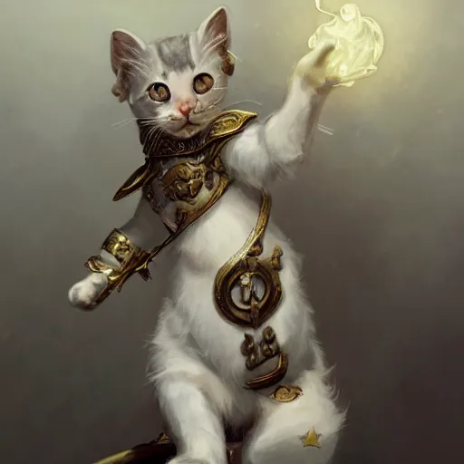 Image similar to A cute heraldic white kitty cat queen posing with one paw pointing slightly up, D&D, fantasy, intricate, cinematic lighting, highly detailed, digital painting, artstation, concept art, smooth, sharp focus, illustration, art by Akihiko Yoshida, Greg Rutkowski and Alphonse Mucha