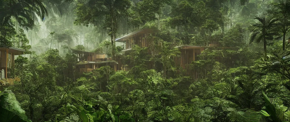 Image similar to architecture inspired by oscar niemeyer deep in the rainforest. nature is taking over. matte painting by ivan laliashvili. unreal engine 5 render. atmospheric. cinematic.