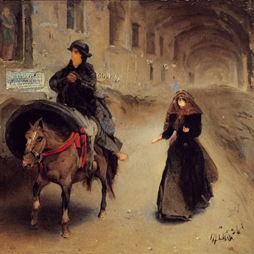 Image similar to young lady and gentleman fleeing the catacombs, by alfred stevens