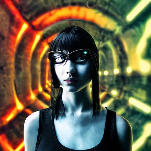 Image similar to portrait of techno cyberpunk girl in fron of abstract background photorealistic