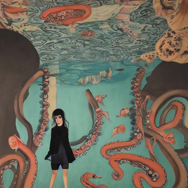 Prompt: tall female emo artist holding an octopus in a flooded cafe, octopus, water gushing from ceiling, painting of flood waters inside a cafe, a river flooding indoors, pomegranates, pigs, ikebana, water, octopus, river, rapids, waterfall, black swans, canoe, berries, acrylic on canvas, surrealist, by francesco clemente