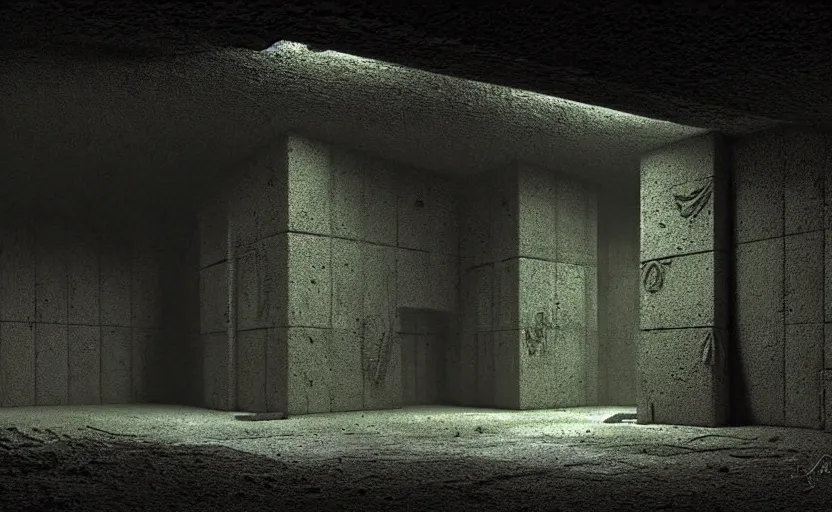 Prompt: a dark concrete basement with a strange organic mass on the ground by hr giger and zdzisław beksinski, fine details, digital art, volumetric lighting, cinematic light, photorealistic