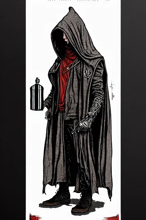 Image similar to wizard in a hooded cloak holding a flask, high details, intricately detailed, by vincent di fate, inking, 3 color screen print, masterpiece, trending on artstation,, sharp, details, hyper - detailed, hd, 4 k, 8 k