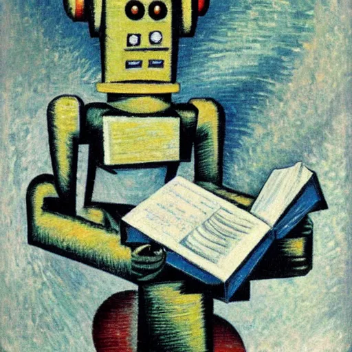 Image similar to A robot reading a book; in the style of Umberto Boccioni