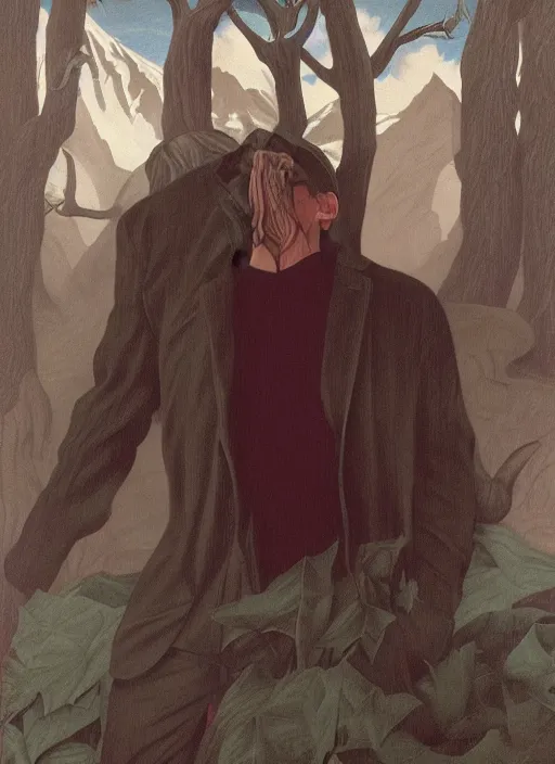 Image similar to twin peaks poster art, by michael whelan, rossetti bouguereau, artgerm, retro, nostalgic, old fashioned, 1 9 8 0 s teen horror novel cover, book, dale cooper, kyle mclaughlin, ryan gosling in letting jacket being eaten by the wendigo