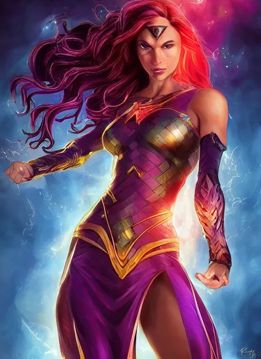 Image similar to front portrait hands behind body pose of attractive Gal Gadot as Starfire with ginger wavy hair, hands behind her body pose!, Intricate overlay flames imagery , D&D!, fantasy style, sharp focus!, ultra detailed, art by Artgerm and Peter Andrew Jones, WLUP