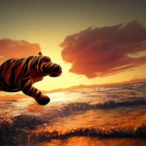 Prompt: a closeup photorealistic photograph of a cute smiling knitted tiger hippopotamus chasing beachballs during sunset. teeth exposed, surf in the background. professional capture. this 4 k hd image is trending on artstation, featured on behance, well - rendered, extra crisp, features intricate detail, epic composition and the style of unreal engine.