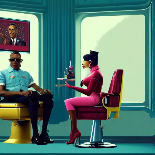 Prompt: illustration of nicki minaj sitting next to barack obama in a 6 0's vintage barbershop, symmetrical, cinematic scene, brownish colors, hyper realistic, highly detailed, octane render, trending on artstation