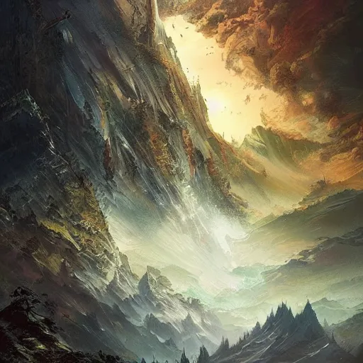 Prompt: fantasy book cover painting, dramatic shot of a lively landscape in the country, wallpaper by Ross Tran