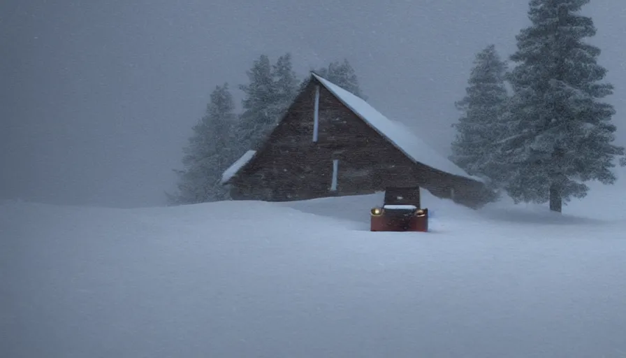 Image similar to A Snowplow!! clearing a beautiful snowy landscape with a small hut in the background. A blizzard and heavy snow falls. Fog and mist, highly detailed, concept art, digital art, 4k, high snow