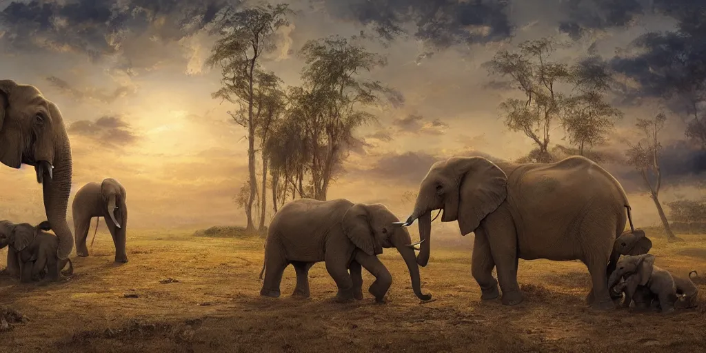 Image similar to two adult elephants comfort a baby elephant, only three elephants, rich golden hour, savannah, illustration, detailed, smooth, soft, warm, by Adolf Lachman, Shaun Tan, Surrealism