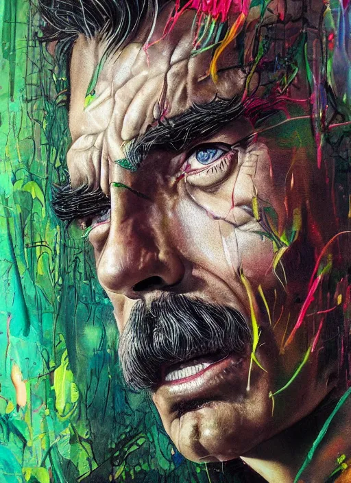 Image similar to a demon slayer portrait of tom selleck, tall, pale - skinned, slender with lime green eyes and long eyelashes by stanley artgerm, tom bagshaw, arthur adams, carne griffiths, trending on deviant art, street art, face enhance, chillwave, maximalist, full of color, glittering