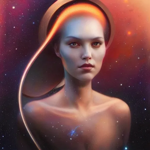 Prompt: a beautiful portrait of a galaxy goddess by Jim Burns and Tom Bagshaw, Trending on Artstation, nebula background