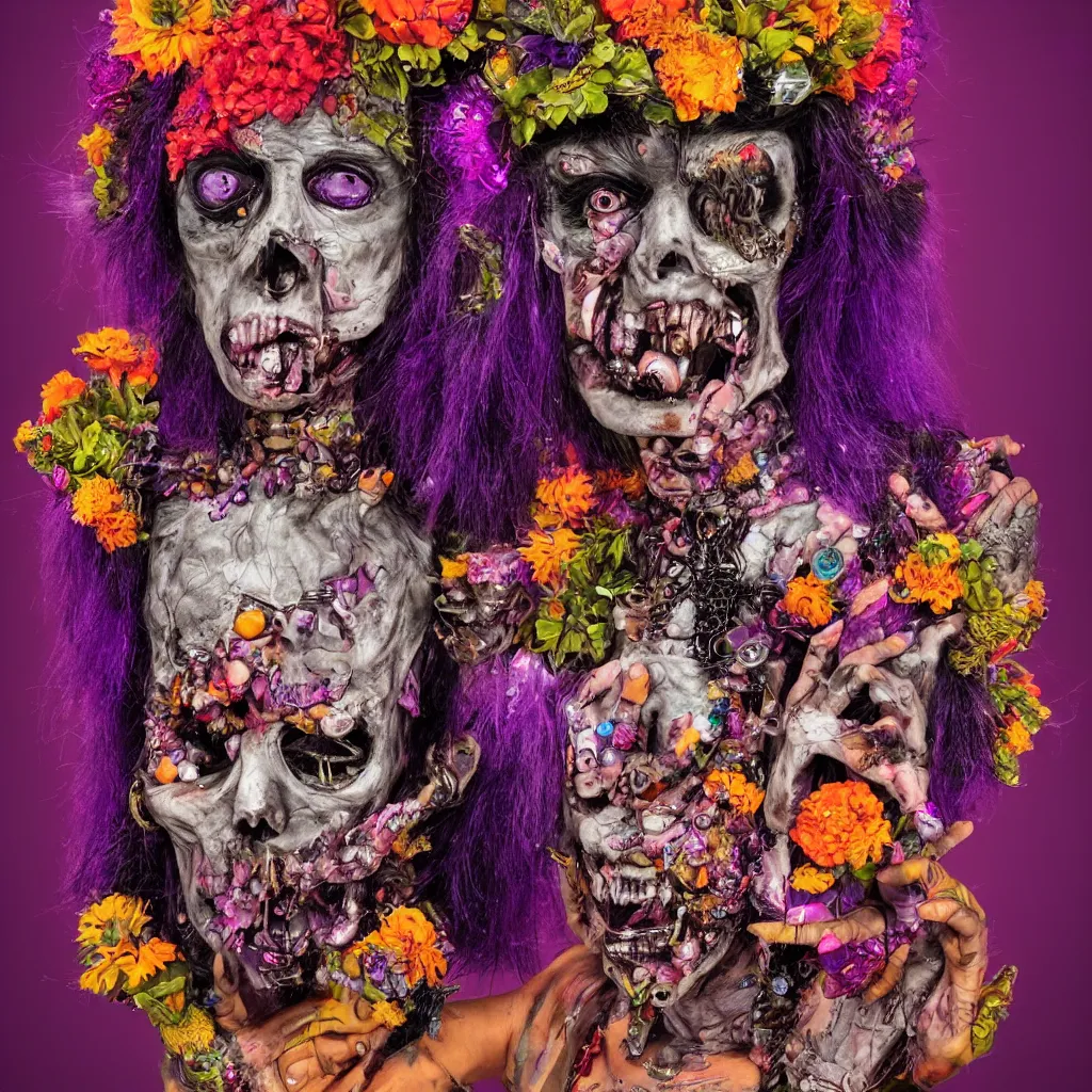 Prompt: a portrait of a punk rock zombie, purple mohawk, head made out of crystals, large fruit and flowers, Baroque, art by Arcimboldo, hyperrealism, elegant, digital painting, artstation, neon orange background