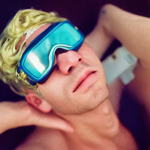 Prompt: close up kodak portra 4 0 0 face portrait photograph of a skinny guy with blonde hair submerged in a elegant tub of white milk, aerial view, wearing cyber goggles, flower crown, moody lighting, telephoto, 9 0 s vibe, blurry background, vaporwave colors, dream aesthetic, dreamy aesthetic, faded!,