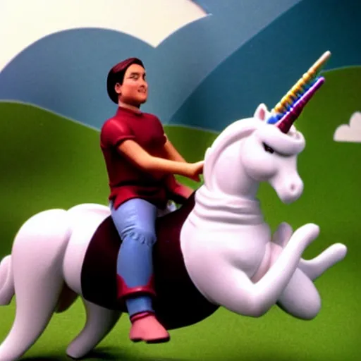 Image similar to wesley crusher riding a unicorn into battle