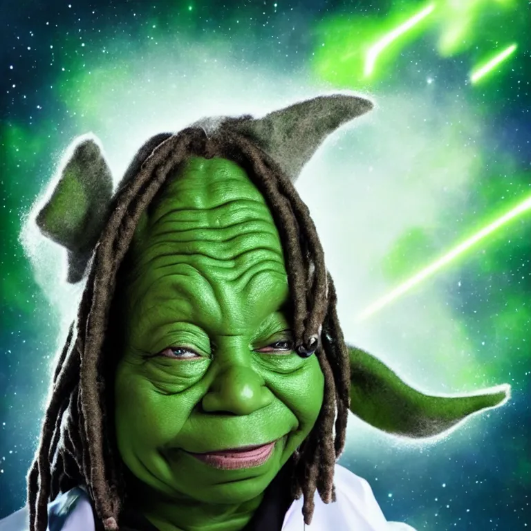 Image similar to whoopi goldberg yoda hybrid from star wars, high quality portrait photoshoot, bokeh, studio lighting, high fashion photoshoot, nebula space background, 8 k