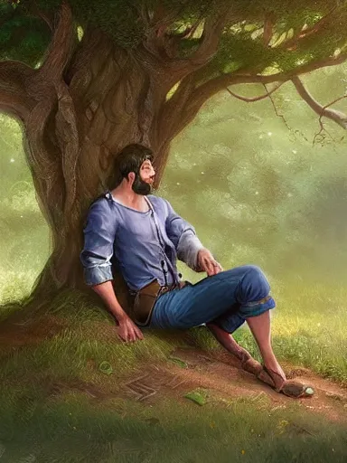 Image similar to a grumphy man, legs crossed, arms crossed. under a tree. intricate, elegant, highly detailed, digital painting, artstation, concept art, sharp focus, illustration, by justin gerard and artgerm, 8 k