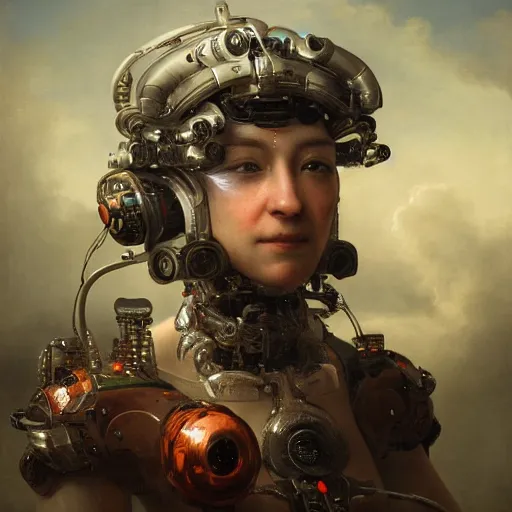 Image similar to Ultra detailed, 4K Portrait of a cyborg woman by Rachel Ruysch