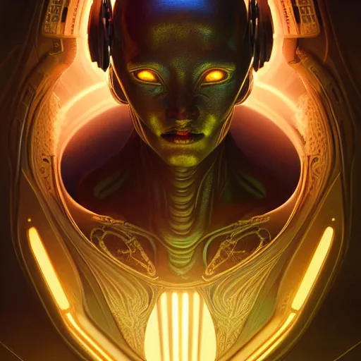 Image similar to hyper advanced repitilian alien ai, sci fi, glowing eyes, volumetric lights, gold theme, art nouveau botanicals, intricate, highly detailed, digital painting, artstation, concept art, smooth, sharp focus, cinematic, illustration, beautiful face, art by artgerm and greg rutkowski and alphonse mucha