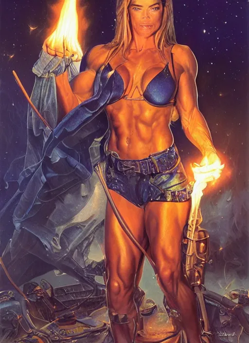 Image similar to portrait of a very muscled Denise Richards as a heroine glaring into the camera, torches and fireflies and night, very crispy, art by Donato Giancola, Joseph Christian Leyendecker, WLOP, Boris Vallejo, Artgerm